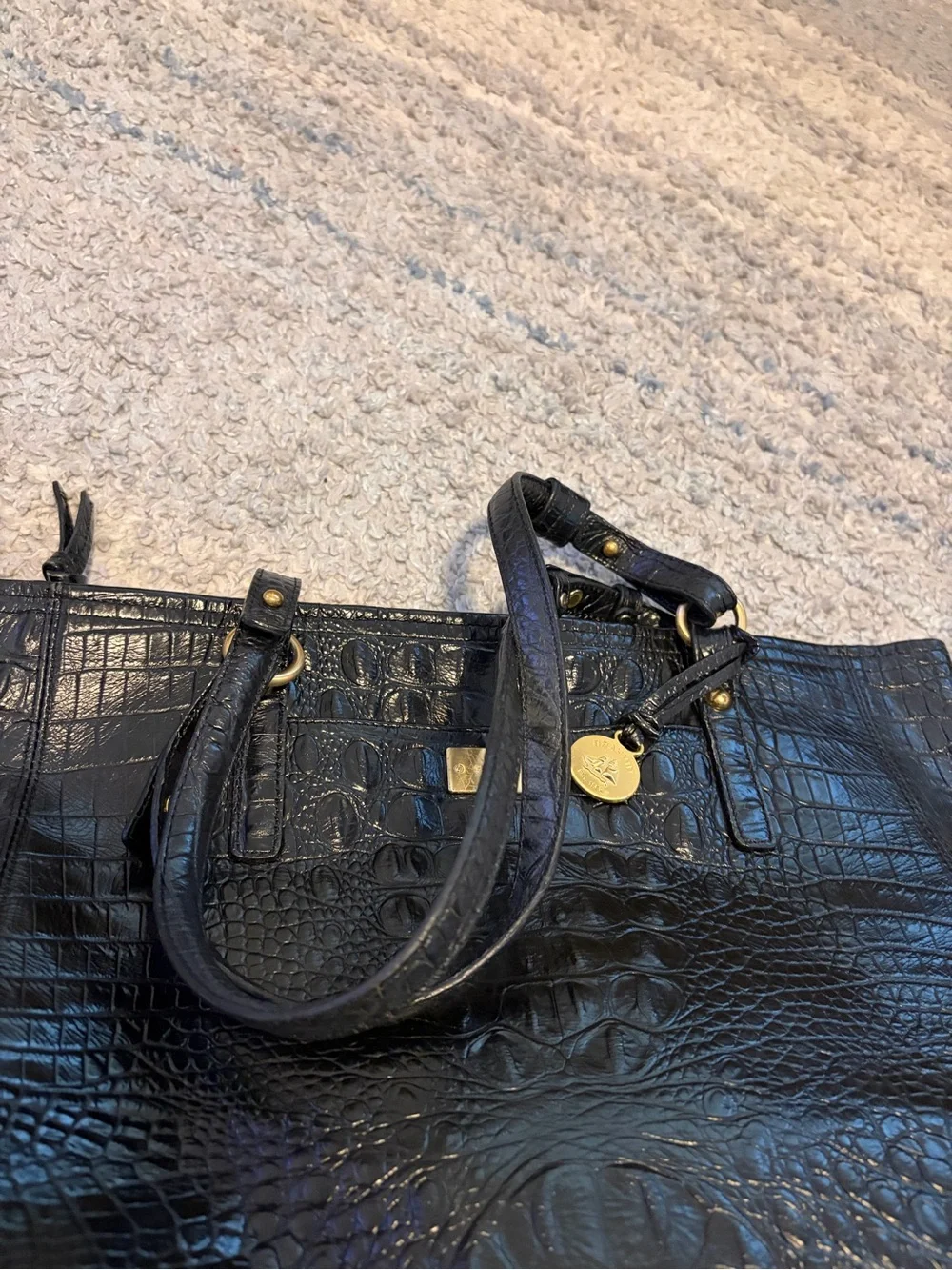 Brahmin Black Croc Embossed Leather Tote Bag Shoulder Purse Gold Hardware Large - Picture 14 of 15
